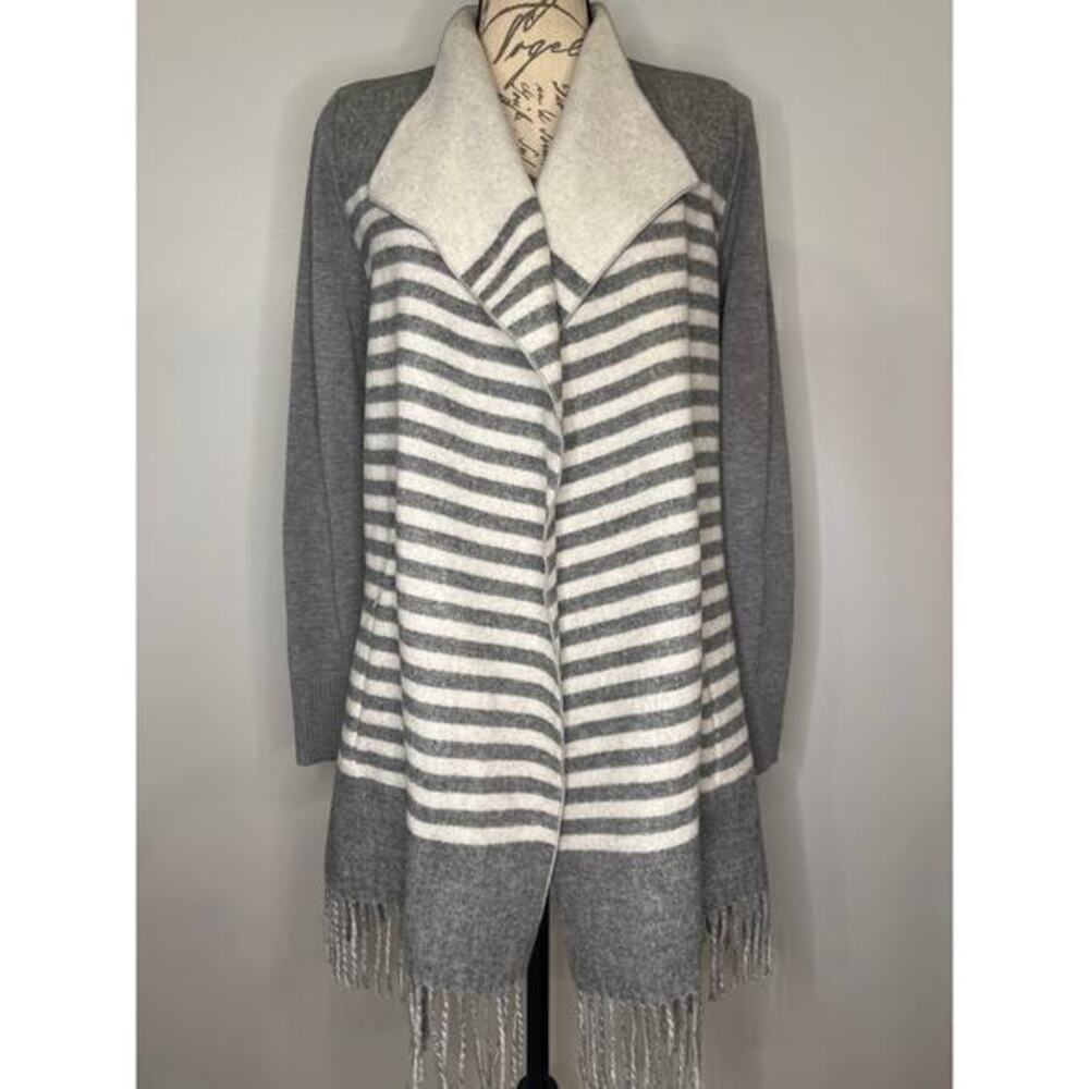 Etcetera wool blend soft open front striped fringed cardigan sweater S